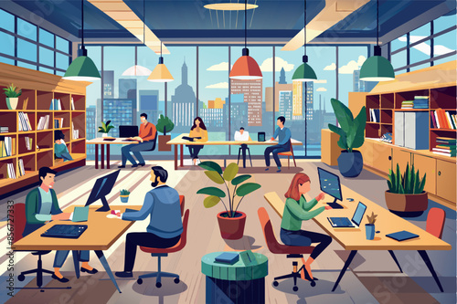 A modern office with large windows through which skyscrapers can be seen. employees work at their desks with computers. the theme of workspace productivity.