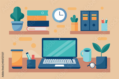 workspace. On the table is an open laptop, around which various items are arranged. The overall ambience is productivity and creativity in a comfortable environment.