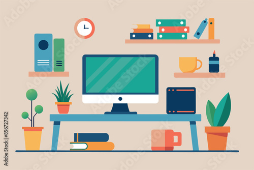The workplace looks very organized and modern. There is a desktop computer on the desk. Plants and a wall clock add life and color to an atmosphere that is filled with organization, efficiency, and ef