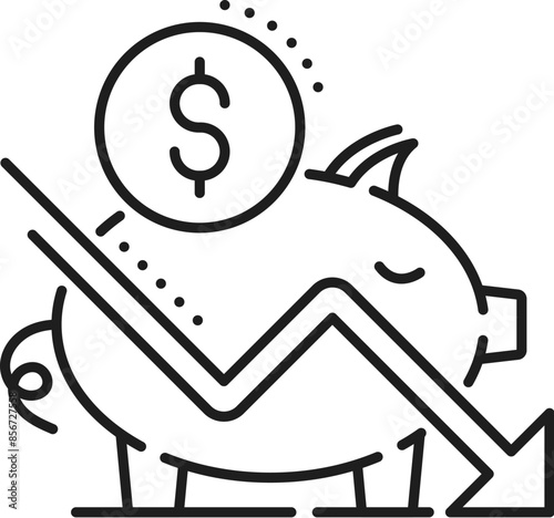 Economic crisis line icon of savings depreciation, economy downturn and bankruptcy, vector symbol. Banking business and money savings depreciation icon of piggy bank and arrow down of financial crisis