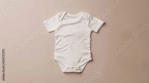 A white bodysuit for a child is laid out on a neutral background, suitable for design layouts or logo placement