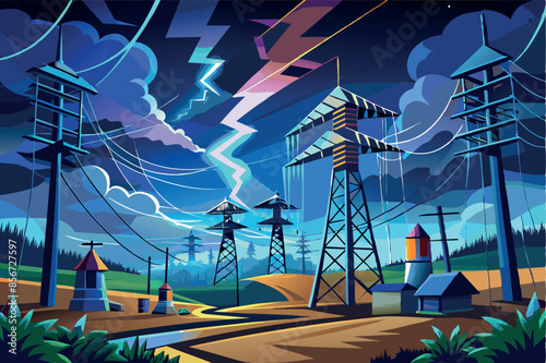 Illustration of a dramatic stormy sky over suburbia, with lightning cutting through dark swirling clouds. Electric poles stand out in the background, creating a tense atmosphere.