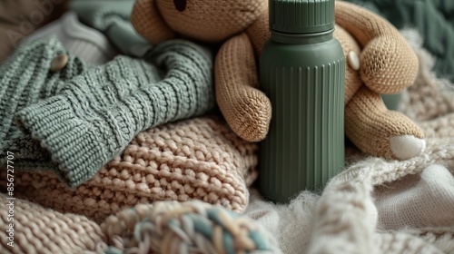 An unlabeled green bottle is displayed flatly on top of several knitted baby clothes with a teddy bear in the corner, perfect for branding mockups