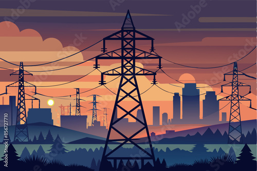 high voltage power lines, their wires stretching across the entire scene.  The atmosphere conveys a calm yet dynamic combination of nature and technology.