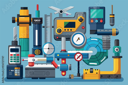 a collection of various tools used for mechanical work. The atmosphere suggests a well-equipped space, a workshop or laboratory, with many devices for various measurements and manipulations.