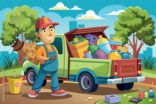 man standing next to a blue pickup truck, which alludes to a scene of garbage collection or recycling. The atmosphere of the image conveys a sense of environmental responsibility and cleanliness.
