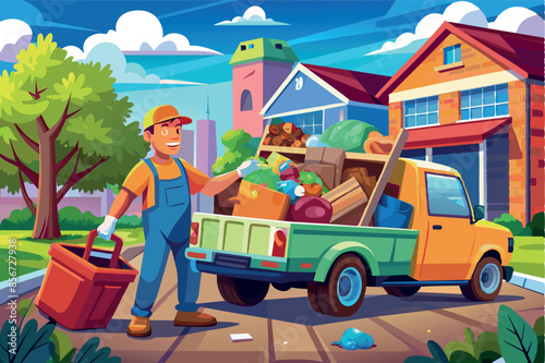 man standing next to a blue pickup truck, which alludes to a scene of garbage collection or recycling. The atmosphere of the image conveys a sense of environmental responsibility and cleanliness.