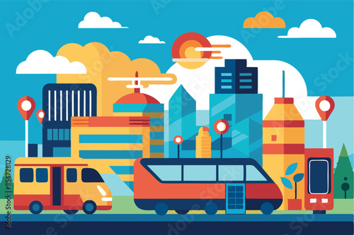 cityscape with different modes of transportation. Buildings of different sizes and colors create a dynamic and multicolored image of the city. lively urban environment