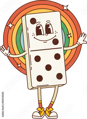 Groovy cartoon retro domino character with rainbow, vector 70s hippie comic art. Groovy funny domino piece with funky freaky smile in hipster shoes with rainbow, 70s hippie art cartoon game character