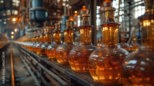 Bottles on a Conveyor Belt in a Factory