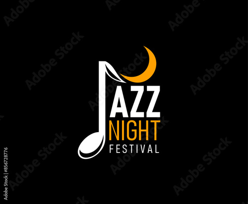 Jazz music icon, vector stylish emblem for jazz night festival, featuring musical note combined with a crescent moon in yellow and white on black background. Label for instrumental concert performance