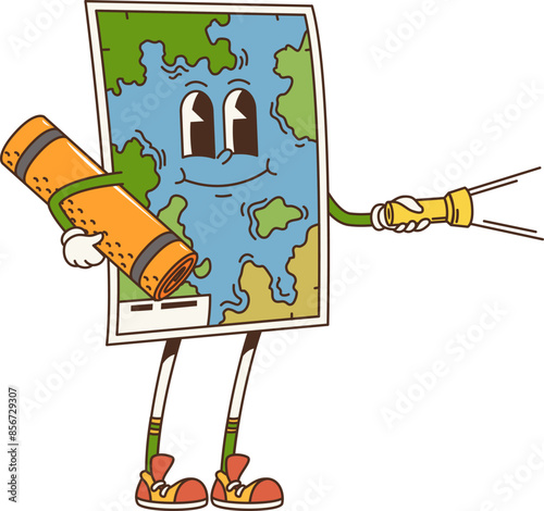 Cartoon map retro groovy travel camp and tourism character. Isolated vector charming anthropomorphic map holding flashlight and mat, with smiling face wearing sneakers and showing sense of exploration