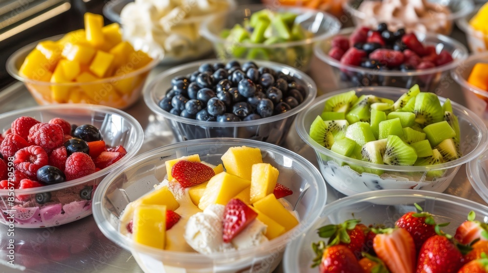A colorful spread of exotic fruit toppings to complement the tropical flavors of the ice cream.