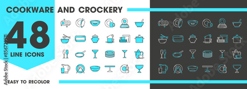 Kitchen cookware line icons, crockery plates and utensil or kitchenware, vector pictograms. Food cooking kitchenware icons of pan and saucepan, cutlery fork and spoon with knife, water jug and cups