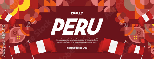 Peru Independence Day banner in modern geometric style. Wide banner with typography and also country flag. Background for National holiday celebration party. Happy Independence Day of Peru