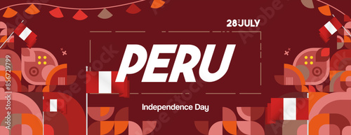 Peru Independence Day banner in modern geometric style. Wide banner with typography and also country flag. Background for National holiday celebration party. Happy Independence Day of Peru
