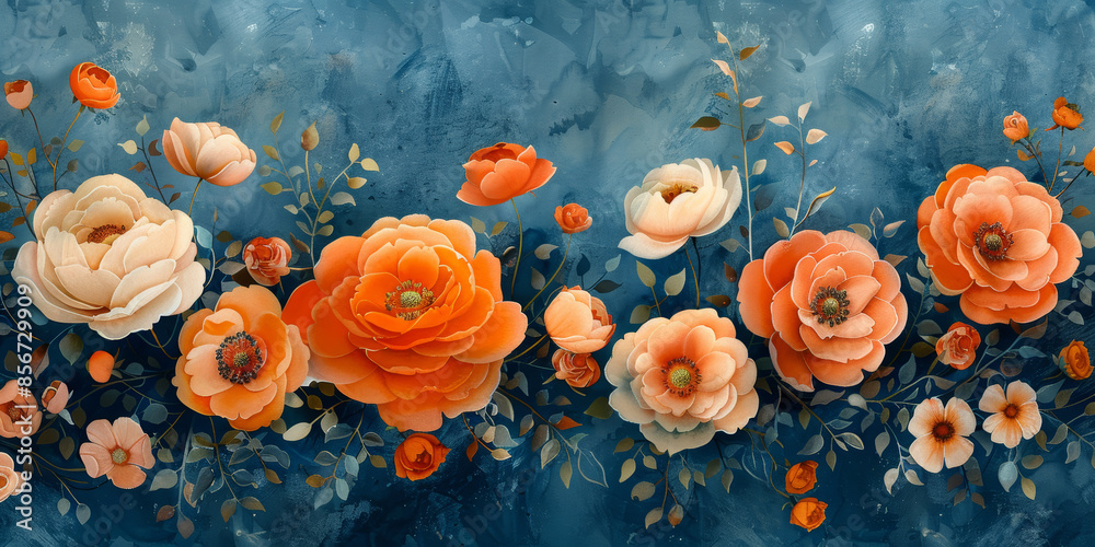 Fototapeta premium A blue background with a row of orange flowers