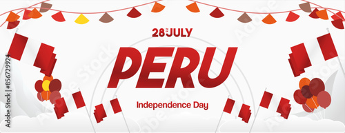 Peru Independence Day banner in modern geometric style. Wide banner with typography and also country flag. Background for National holiday celebration party. Happy Independence Day of Peru