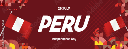 Peru Independence Day banner in modern geometric style. Wide banner with typography and also country flag. Background for National holiday celebration party. Happy Independence Day of Peru