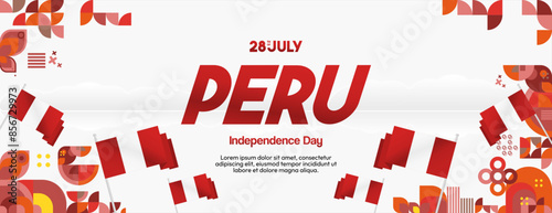 Peru Independence Day banner in modern geometric style. Wide banner with typography and also country flag. Background for National holiday celebration party. Happy Independence Day of Peru