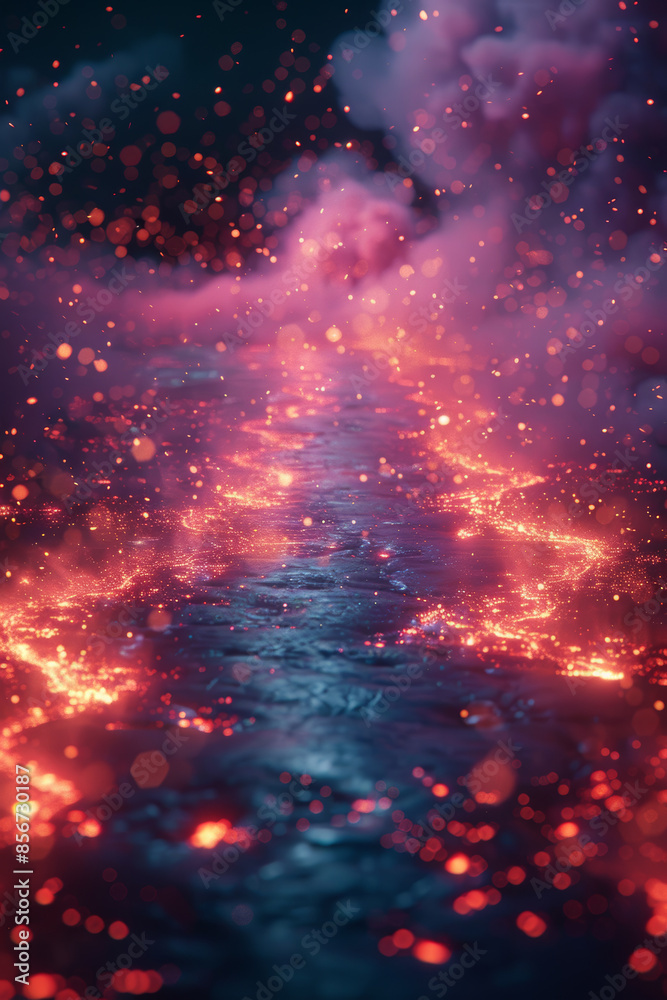 A fiery scene with a path of fire and smoke