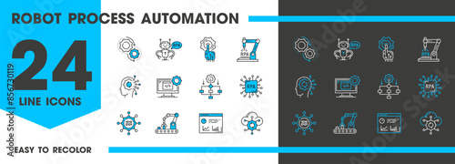 Rpa line icon, Robot Process Automation vector linear signs. Robotics, artificial intelligence and modern innovative technology, machine learning and chatbots. Outline symbols in blue and black color
