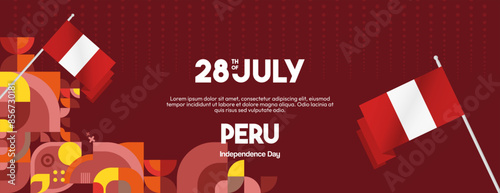 Peru Independence Day banner in modern geometric style. Wide banner with typography and also country flag. Background for National holiday celebration party. Happy Independence Day of Peru