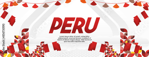 Peru Independence Day banner in modern geometric style. Wide banner with typography and also country flag. Background for National holiday celebration party. Happy Independence Day of Peru