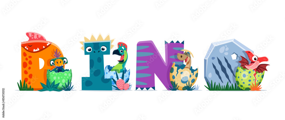 Fototapeta premium Dino kids, cartoon vector vibrant baby dinosaurs hatching from eggs with colorful and playful letters. Funny dino characters in eggshells. Isolated cute newborn prehistoric lizards, reptile typography