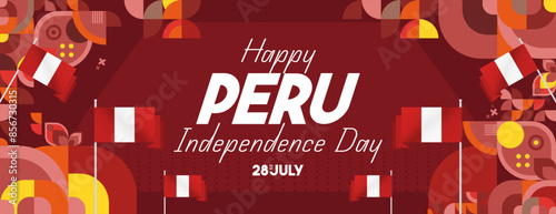 Peru Independence Day banner in modern geometric style. Wide banner with typography and also country flag. Background for National holiday celebration party. Happy Independence Day of Peru