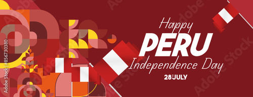 Peru Independence Day banner in modern geometric style. Wide banner with typography and also country flag. Background for National holiday celebration party. Happy Independence Day of Peru