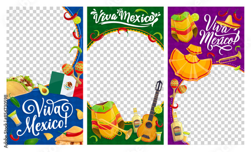 Viva Mexico social media template banners with frames, vector mexican holidays. Cartoon sombrero, guitar and maracas, flag of Mexico, tequila and chili, tex mex food and poncho web poster layout