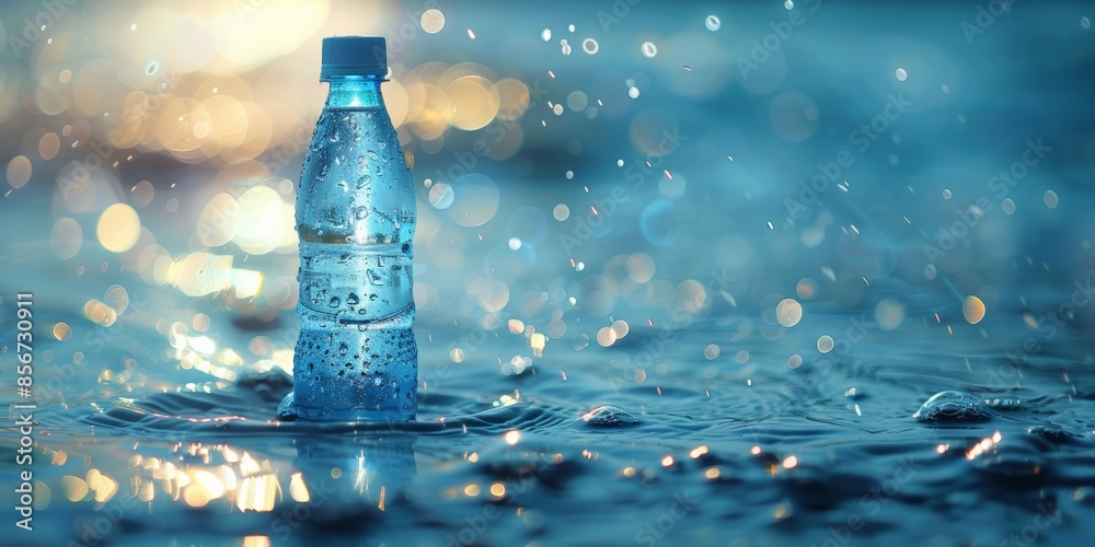 A blue water bottle making a splash in a dynamic water scene, emphasizing freshness and energy with a burst of droplets. A blue water bottle making a splash in a dynamic water scene, emphasizing freshness and energy with a burst of droplets.