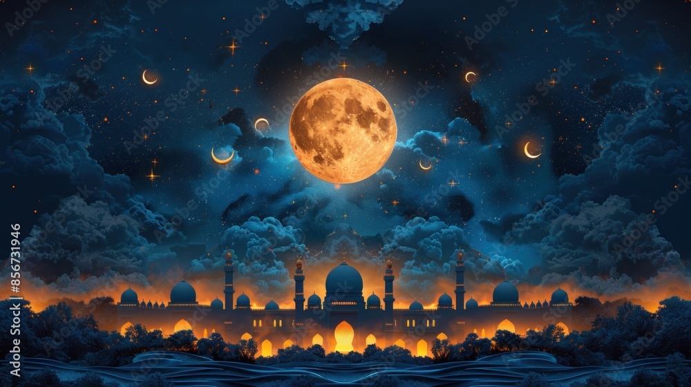 Night Sky with a Full Moon and a Silhouette of a Mosque Night Sky with a Full Moon and a Silhouette of a Mosque