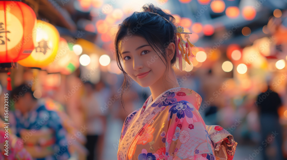 Japanese girl wearing traditional yukata, surrounded by colorful lanterns and lively stalls on the street, japanese summer festival image Japanese girl wearing traditional yukata, surrounded by colorful lanterns and lively stalls on the street, japanese summer festival image
