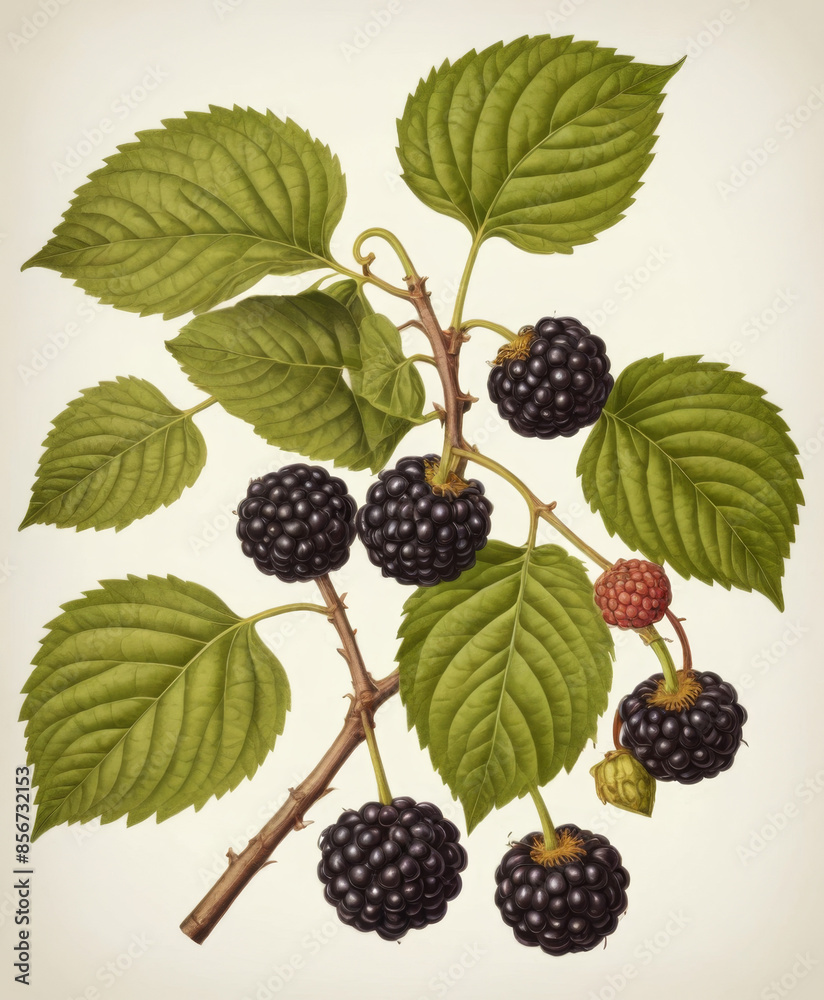 Obraz premium Black mulberry in the style of old botanical illustrations, light background.