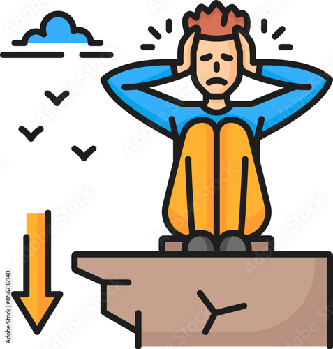 Psychology anxiety, phobia, acrophobia mental problem outline color icon. People psychology, mental disorder or acrophobia phobia thin line vector sign with sacred man sitting on edge of cliff