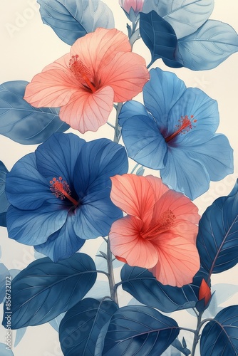 Elegant Abstract Blue And Pink Hibiscus Flowers