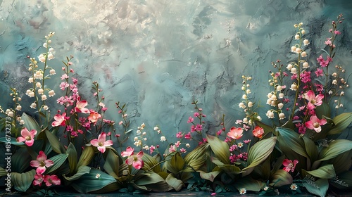 A vintage floral wall background with detailed patterns, showcasing lilies of the valley and primroses in pastel greens and pinks, classic and refined design, aged and textured look, hd quality