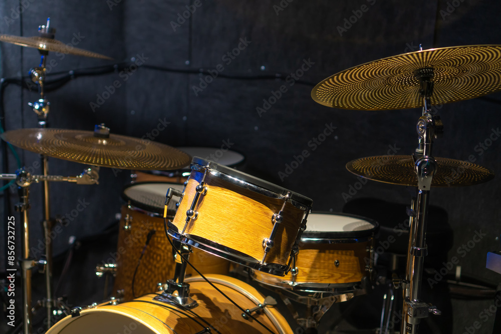 Obraz premium Close-up of a fragment of a drum kit matching the color of a tree in the studio, selective focus