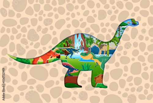 Paper cut dinosaur 3d vector frame with vibrant prehistoric landscape and dino spices styracosaurus, dilophosaurus, lotosaurus, paralititan and allosaurus at ancient nature background with waterfall