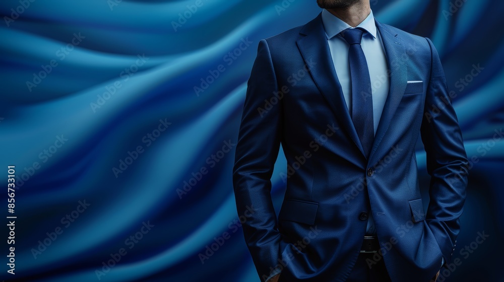 A man in a sharp blue suit stands against a backdrop of flowing fabric, creating a sophisticated and stylish image. A man in a sharp blue suit stands against a backdrop of flowing fabric, creating a sophisticated and stylish image.