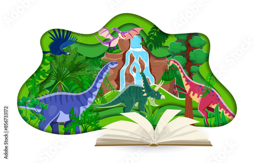 Opened book with paper cut prehistoric landscape and dinosaurs. Hypselosaurus, anchisaurus, chasmosaurus, argentavis and pteranodon in jungle with waterfall. Ancient world of dino reptiles storybook photo