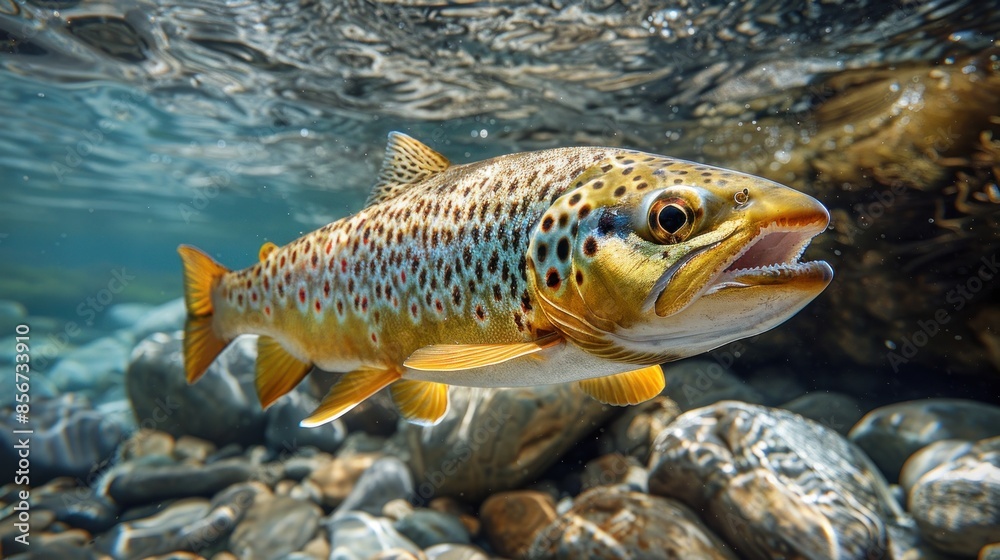 Close-up of a Brown Trout Swimming in a River Close-up of a Brown Trout Swimming in a River