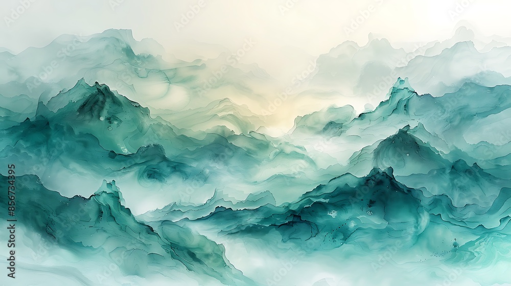 Fototapeta premium An abstract watercolor wall background with soft, flowing waves of pastel greens and blues, creating a calming and relaxing feel, subtle gradients and smooth textures, hd quality, natural look 