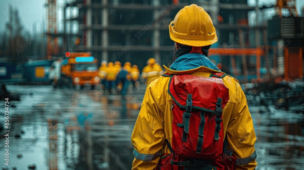Construction Worker in Yellow Jacket in Rainy Day Construction Worker in Yellow Jacket in Rainy Day