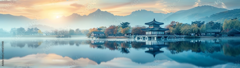 Serene sunrise over a tranquil lake with a traditional temple reflecting in the water.