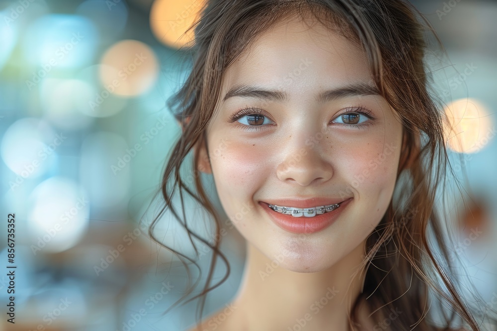Naklejka premium Portrait of a smiling Asian teen child girl with braces in a close up. She is a dental clinic receiving orthodontic treatment, showing white teeth and a healthy mouth.