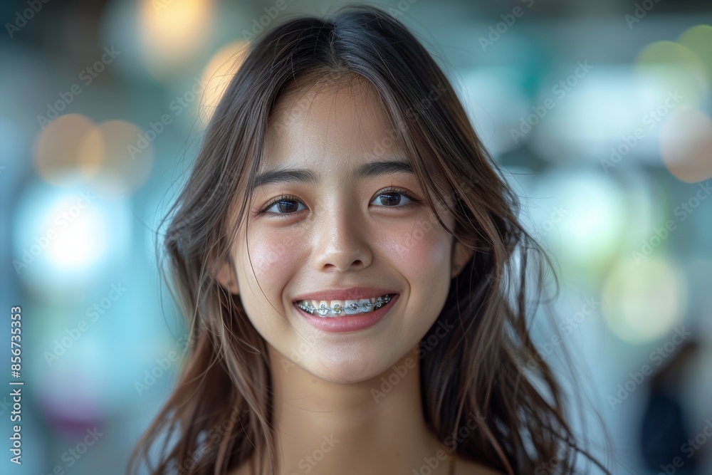 Portrait of a smiling Asian teen child girl with braces in a close up. She is a dental clinic receiving orthodontic treatment, showing white teeth and a healthy mouth. Portrait of a smiling Asian teen child girl with braces in a close up. She is a dental clinic receiving orthodontic treatment, showing white teeth and a healthy mouth.