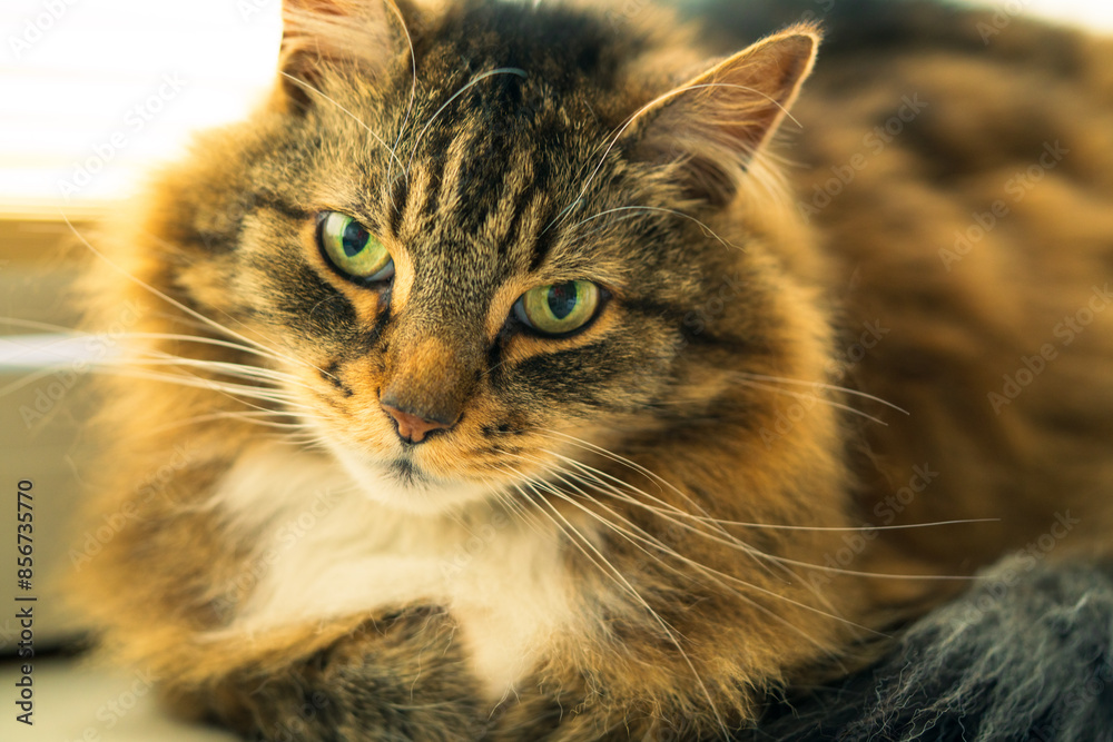 Naklejka premium Close-Up of Fluffy Cat with Green Eyes. Beautiful Long-Haired Cat with Intense Gaze